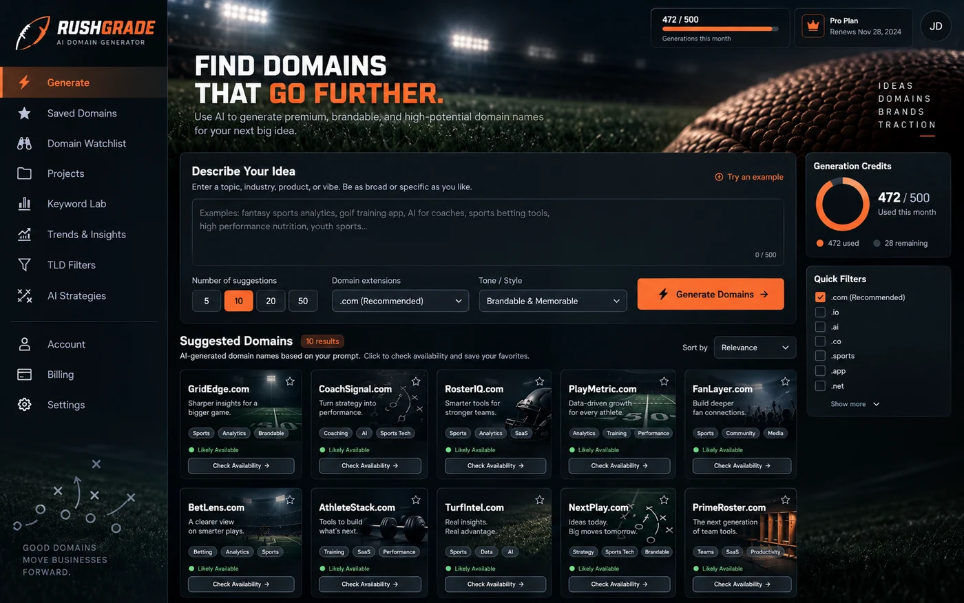 Illustrative AI domain generator layout with blank sample fields