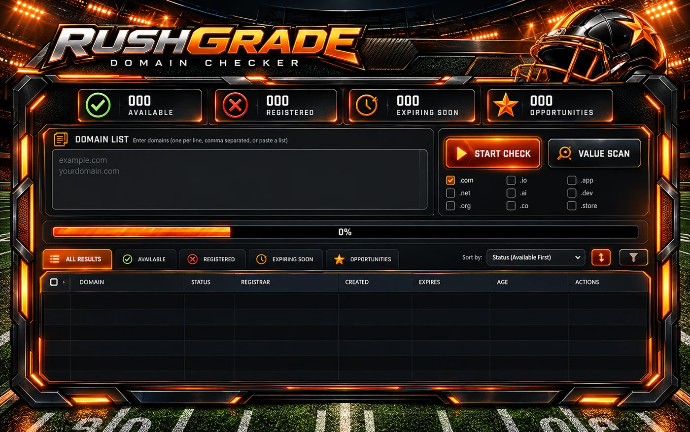 RushGrade domain checker design preview showing input, filters, and empty results table